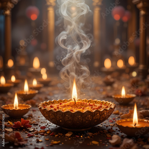 Auspicious Diya Glowing with Sacred Smoke and Warm Light for Diwali Celebration
