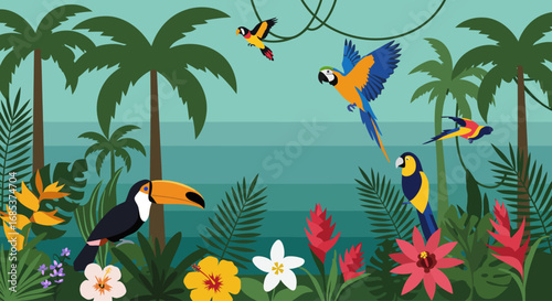 Tropical Forest with Parrots, Toucan and Exotic Flowers Illustration