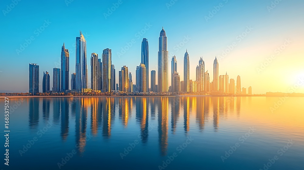 Obraz premium Dubai skyline cityscape water reflection sunrise travel view