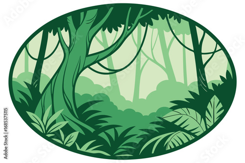 Lush green rainforest vista is captured within an encompassing oval frame, transparent background