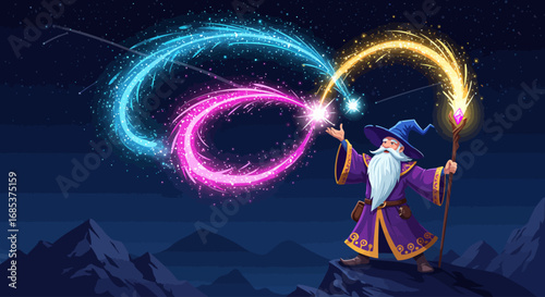 Magical Wizard Conjuring Colorful Swirls of Light Above Mountain Peaks