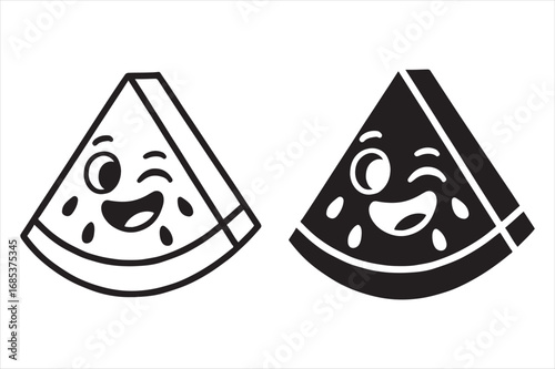 Two cartoon watermelon slices with happy winking faces side-by-side silhouette white background