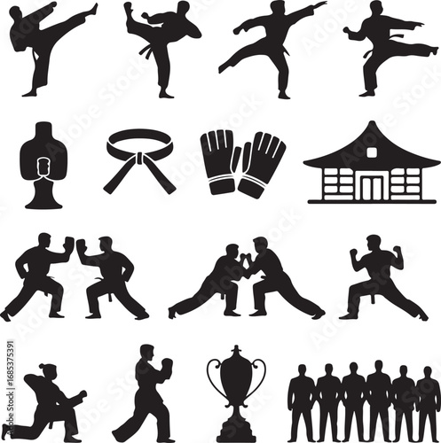 Karate and Martial Arts Silhouette Icon Set kick punch