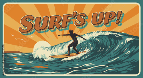 Vintage Surfer Silhouetted Against a Golden Sunset Riding a Majestic Ocean Wave