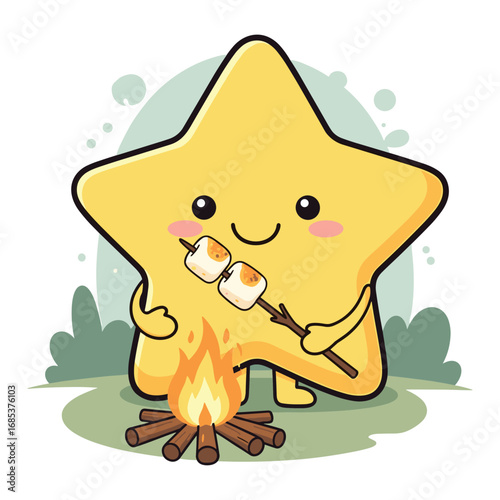 Kawaii yellow star character roasting marshmallows over a campfire cute