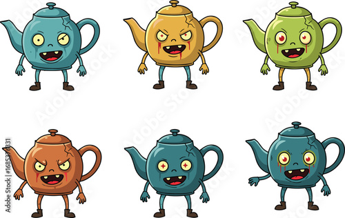 Creepy zombie teapot characters with cracked bodies and glowing eyes, walking spooky haunted teapots, scary Halloween cartoon illustrations, eerie undead teapot monsters
