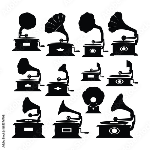 Collection of vintage gramophone silhouettes with various horn shapes and base designs phonograph retro