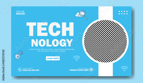 Modern blue background with the word technology in large white letters and a circular graphic of digital icons and circuits