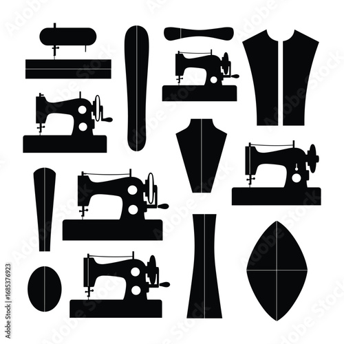 Black silhouette sewing machine and garment pattern pieces on white background black and white