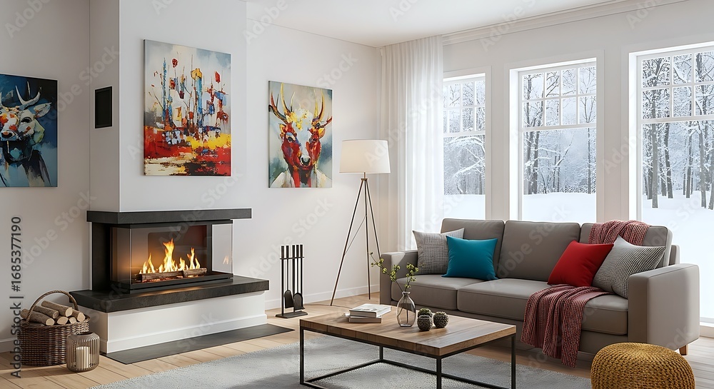 Fototapeta premium A Modern Living Room With A Cozy Fireplace And Large Windows Overlooking A Snowy Winter Landscape. Perfect For Relaxing.