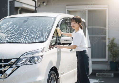 洗車をする女性のライフスタイルイメージ
