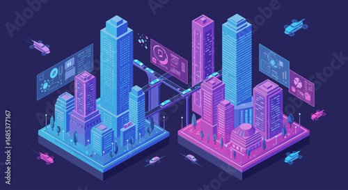 Vibrant isometric cityscape with advanced technology and futuristic data visualization