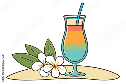 A colorful drink sits beside frangipani flowers on a sandy surface with a transparent background