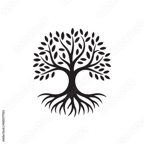 Stylized black silhouette of a tree with prominent roots and a full canopy of leaves, symbolizing growth, life, and connection technology background