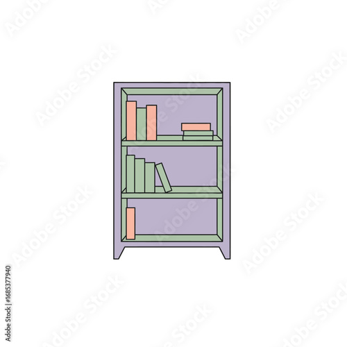 An Illustration of a Simple Purple Bookshelf Filled with Various Colored Books Showing a Storage Solution for Literary Collections