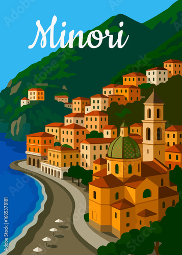 illustrazione in Art Decò di Minori in costiera amalfitana