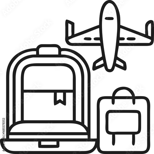 Travel Essentials: Simplified icon representing airplane, suitcase, and shopping bag in perfect symbiosis, showcasing the essence of travel, inviting exploration