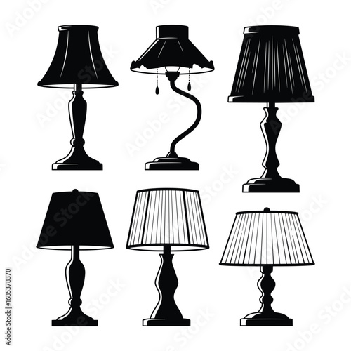 Collection of six black silhouette table lamps with different shades and bases lighting black and white