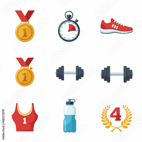 Sports and Fitness Flat Design Icons Set: Featuring Gold Medals, Stopwatch, Running Shoe, Dumbbells, and Athletic Gear for Competition and Training.