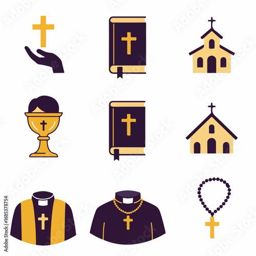 Christian religious symbols and icons collection: church, bible, cross, chalice, rosary, and priest's vestments representing faith and spirituality.