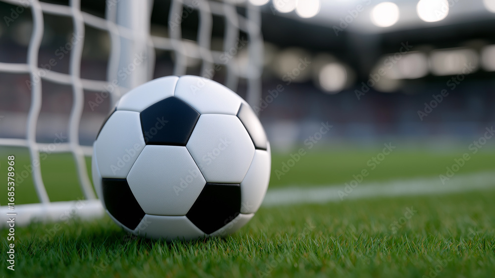 Fototapeta premium Dynamic sports concept 3D render of football shot in goal net under bright floodlights, surrounded by massive stadium with cheering supporters, symbolizing excitement, victory, energy, and sportsmansh