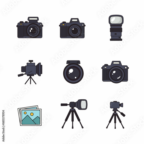 Flat design icon set of photography and videography equipment, including cameras, lenses, flash, tripods, and printed pictures, on a white background.