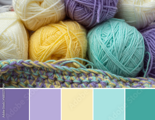 Color palette swatches of yarn balls background in purple, yellow and turquoise green strains. Pastel trendy combination of light vivid colors. Fresh colorful inspiration for decoration and styling.