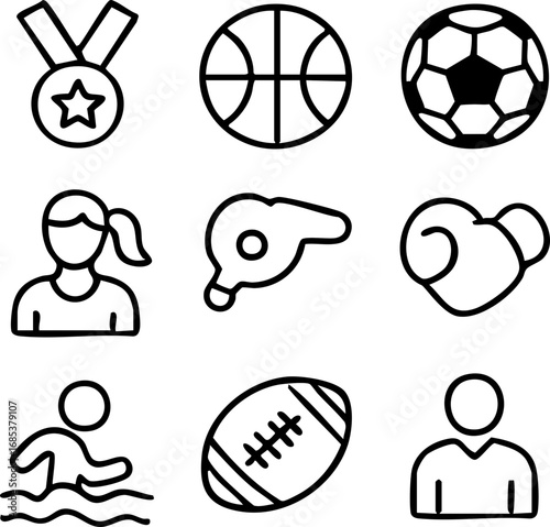 Outline icons for sports activities, athletes, and equipment. Ideal for web, apps, or print.