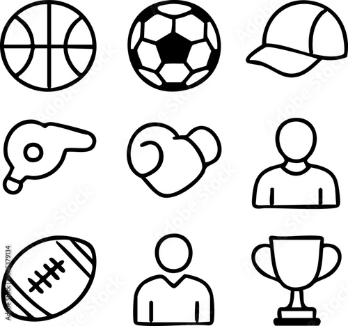 Outline sports icons: balls, whistle, glove, trophy, athletes. Web/app design.