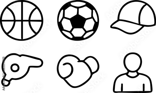 Modern outline icons: basketball, soccer, cap, whistle, boxing, person. Web/app.
