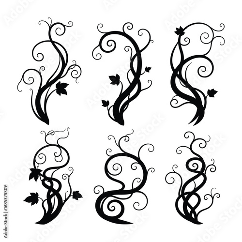 Six black vine floral ornamental elements with swirls and leaves curl