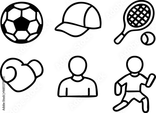 Simple, versatile sports icons in line art style for diverse active lifestyle themes.