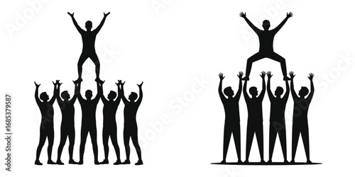 Silhouette of Teamwork and Support with People Lifting Teammates in Human Pyramid Formation, Collaboration and Unity Concept Illustration
