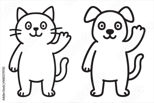 Cute cartoon cat and dog waving hello friendly pets silhouette white background