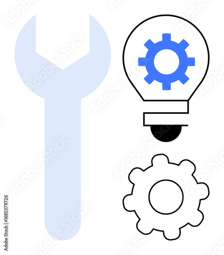 Wrench next to light bulb and gear representing innovation, problem solving, engineering, and creativity. Ideal for technology, innovation, teamwork, strategy, engineering workflow simple flat