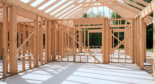A New House Under Construction With Wooden Framing And Exposed Interior Structure Against A Green Forest Background.