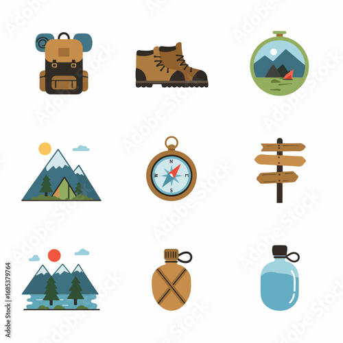 Outdoor adventure and camping essentials icon set, featuring hiking gear, navigation tools, and natural landscapes in flat design.