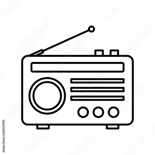 A black outline drawing depicts a rectangular radio The radio has a tuning dial horizontal lines buttons and an antenna. Editable stroke. Vector illustration