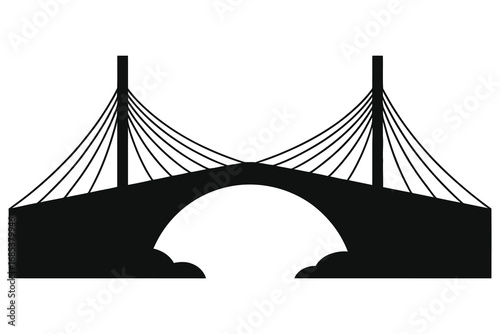 Black silhouette of a modern cable-stayed bridge with two towers and suspension cables, isolated on white background, symbolizing engineering, architecture, infrastructure, and construction design