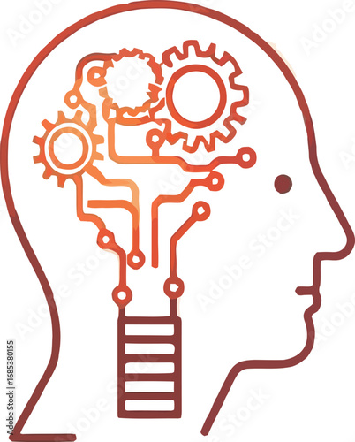 Mind Machine: An illustration of human brain with gears, circuits, and electrical components, a symbol of advanced technology, computing, and artificial intelligence.