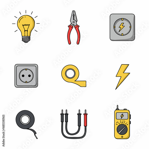 Electrical Tools and Symbols Collection: Light Bulb, Pliers, Sockets, Multimeter, and Tapes for Power and Repair Services.