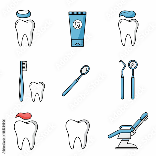 Dental care and oral hygiene icons set, featuring teeth, toothpaste, toothbrush, dental tools, and a dentist chair in a modern flat line art style.