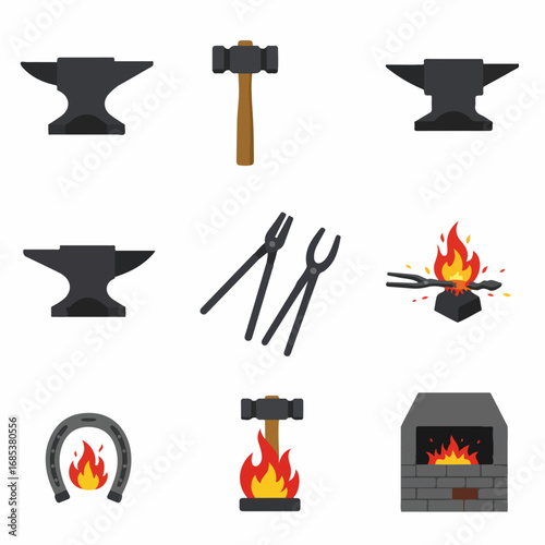 Blacksmithing Tools and Equipment Set. Flat Design Icons for Forging, Metalworking, and Traditional Craft. Anvil, Hammer, Tongs, Forge, and Horseshoe.