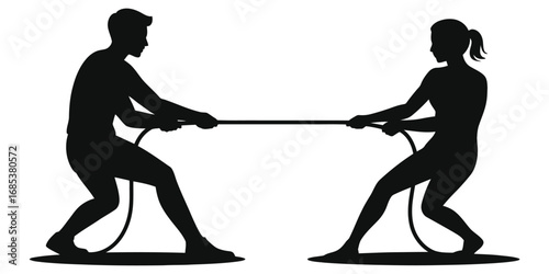 Silhouette of Man and Woman Playing Tug of War, Competitive Team Sport and Strength Challenge, Fitness and Outdoor Activity, Cooperation and Rivalry Concept Illustration