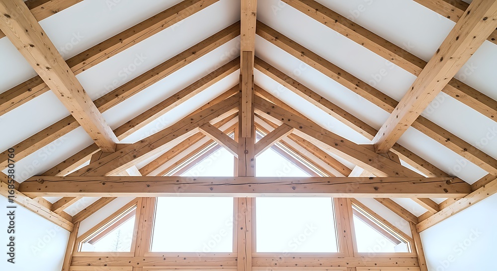 Obraz premium Interior View Of A Modern Timber Frame House Ceiling Featuring Exposed Wooden Beams And Large Windows, Showcasing Architectural Design.