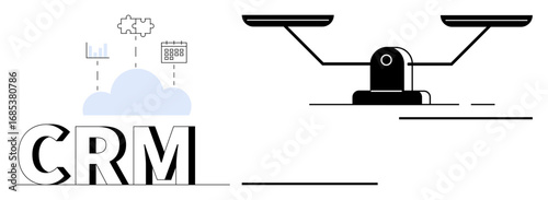 CRM text with cloud computing icons signifying integration, paired with a balance scale visualizing equality. Ideal for business solutions, technology, organization, fairness, data management