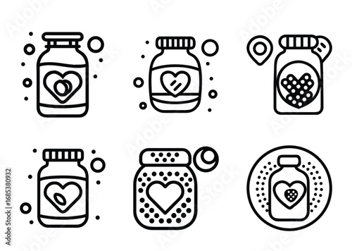 Collection of medicine bottle icons with hearts showcasing different capsule types