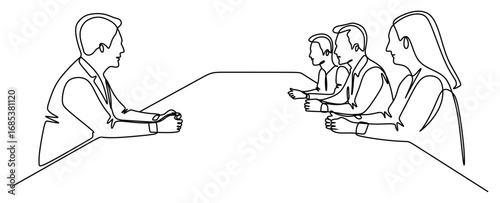 Continuous line art of a group of male and female office workers having a meeting and discussing with their superiors. Concept of a compact work tic. Vector illustration
