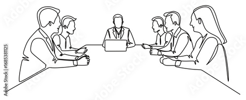 Continuous line art of a group of male and female office workers having a meeting and discussing with their superiors. Concept of a compact work tic. Vector illustration