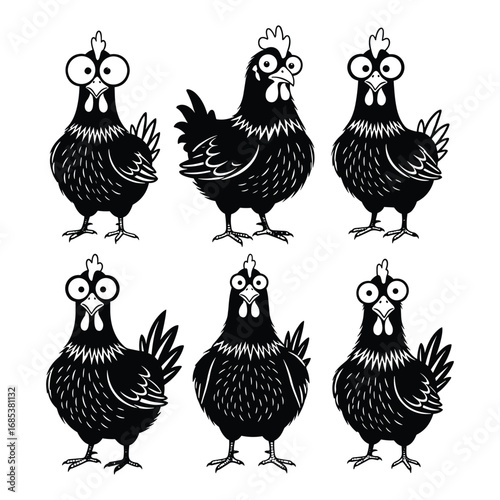 Six black cartoon chickens with large googly eyes and detailed feathers on a white background poultry